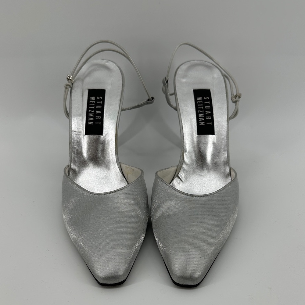 VTG 90s Stuart Weitzman Silver Slingback Heels Retro Chic Aesthetic SZ‎ 10.5